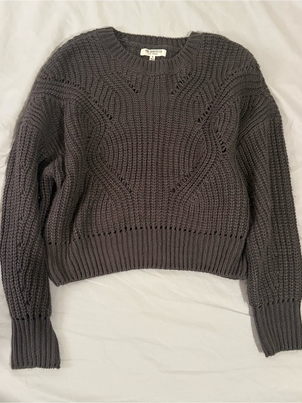 Grey Cable-Stitch Crewneck Sweater by Free People